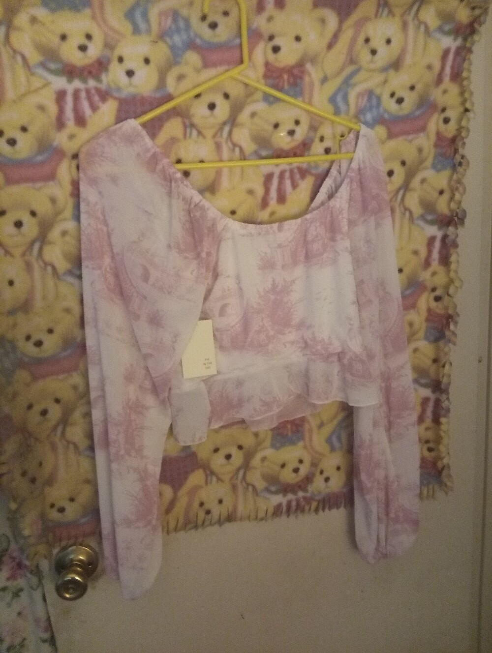 New With Tags Light Pink Floral Off-Shoulder Long Sleeve Crop Top